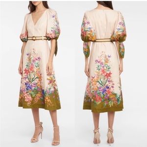 $795 Zimmermann Tropicana Tie Sleeves Linen Midi Dress